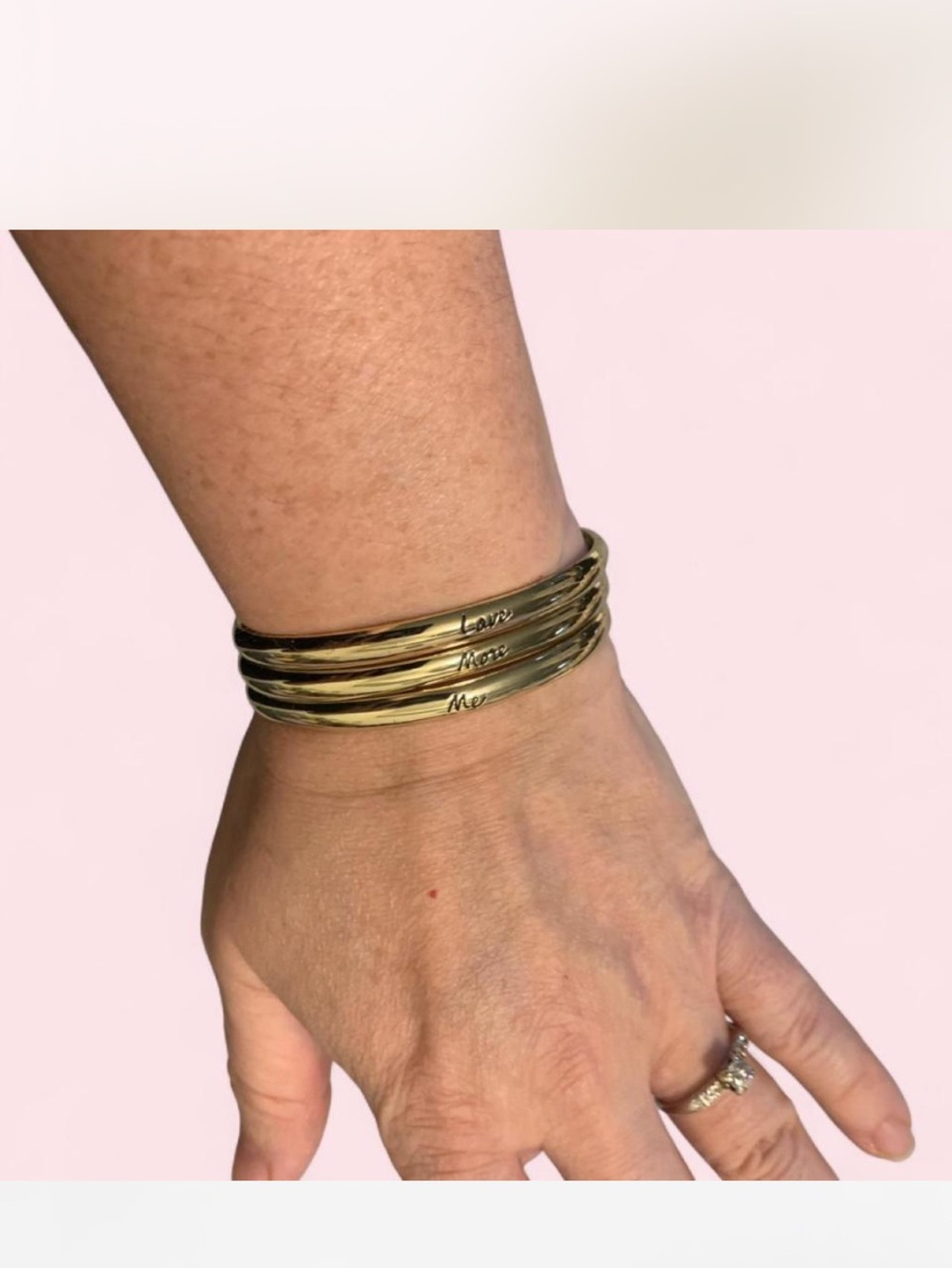 Victoria's Secret Gold Tone 'Love Me More' Engraved Cuff Bracelet Set